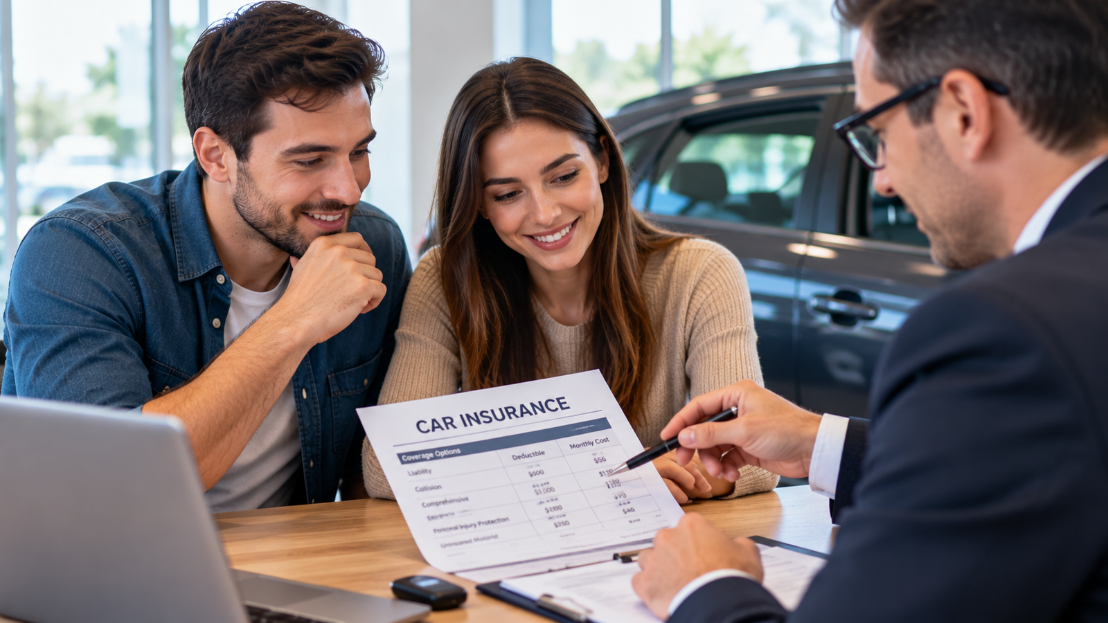 American couple reviewing car insurance costs and coverage options with an insurance agent