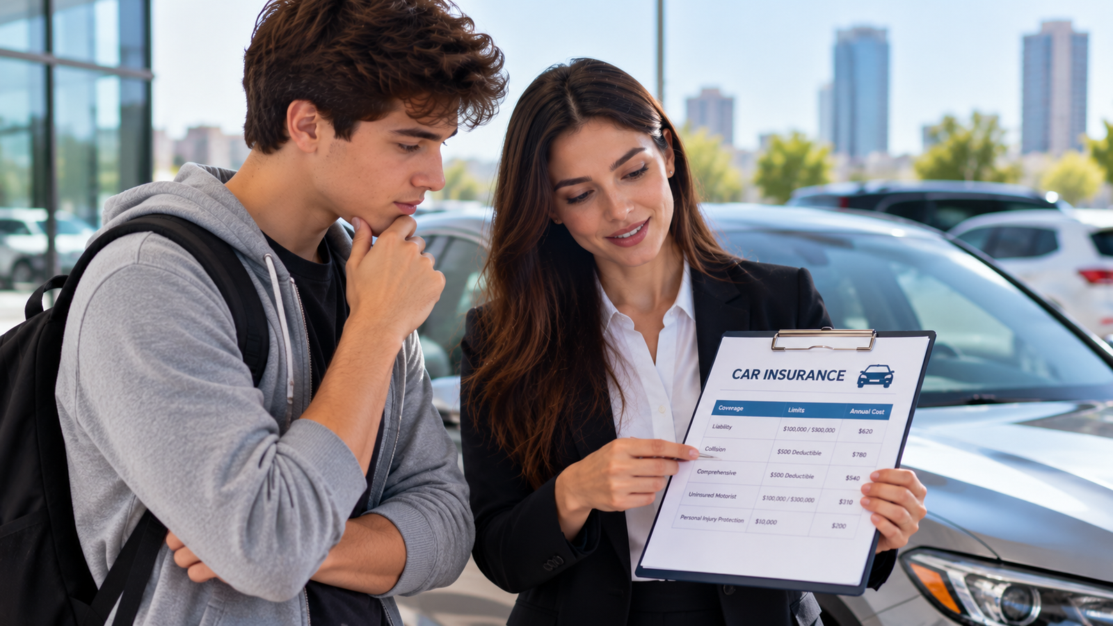 Young driver comparing car insurance coverage and prices with an insurance agent in 2026